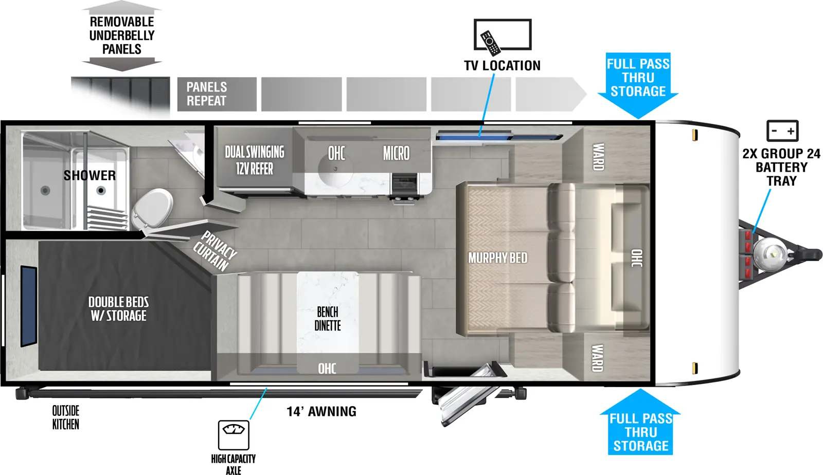 The 179DBK has zero slideouts and one entry. Exterior features removeable underbelly panels, front pass-thru storage, outside kitchen, high capacity axle, 14 foot awning, and front 2X group 24 battery tray. Interior layout front to back: murphy bed with overhead cabinet, off-door side TV, and door side wardrobe; door side entry and bench dinette with overhead cabinet; off-door side kitchen counter with cooktop and sink, microwave, overhead cabinet, and dual swinging 12V refrigerator; rear door side double beds with storage and privacy curtain; rear off-door side full bathroom.